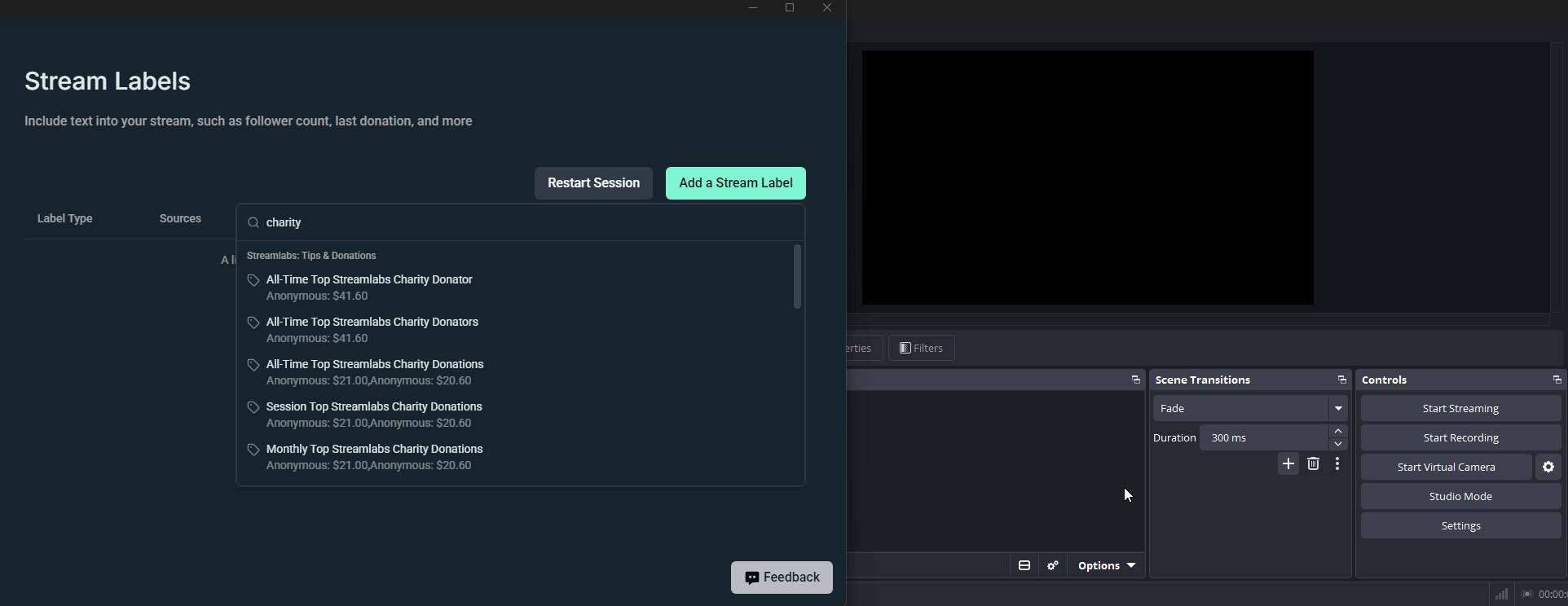 Configuring dynamic text filters via Stream Labels application interface.